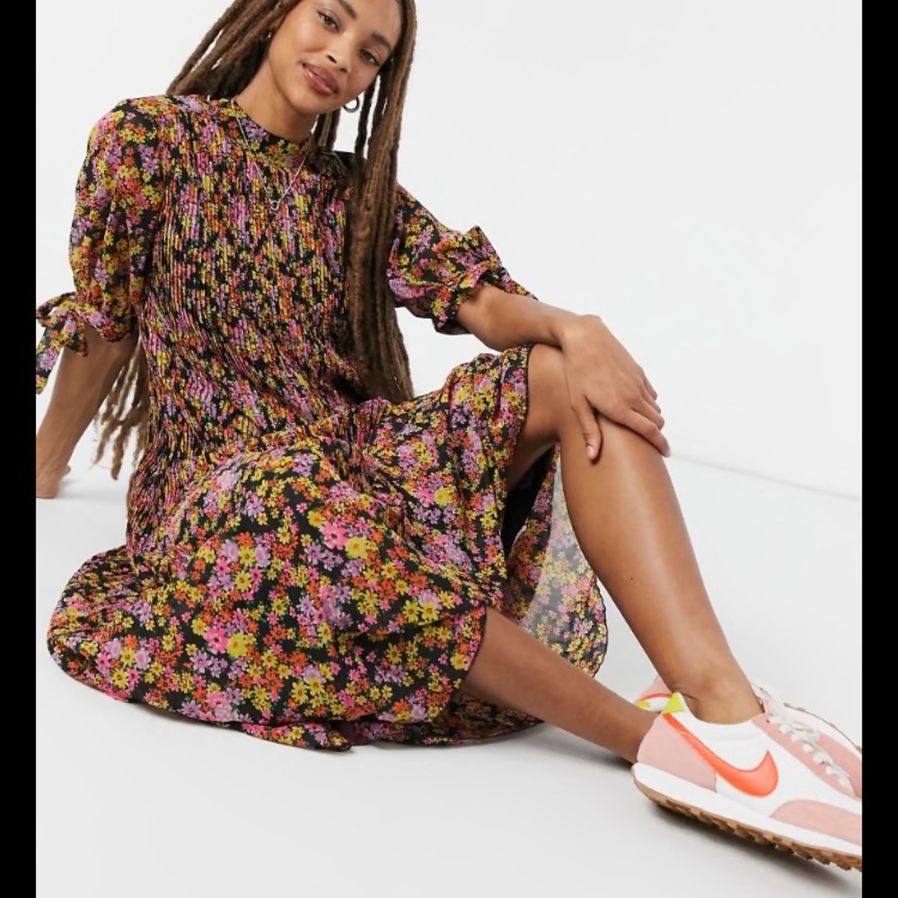 ASOS Floral Pleated Trapeze Midi Dress tie sleeves casual dressy party 14 NWOT